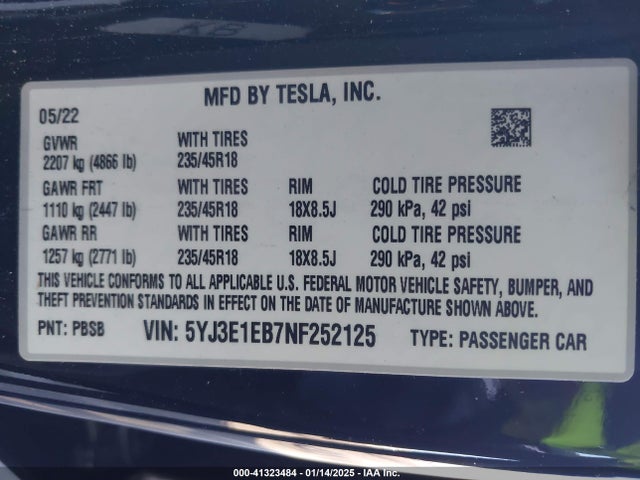 2022 TESLA MODEL 3 5YJ3E1EB7NF252125 Photo 8