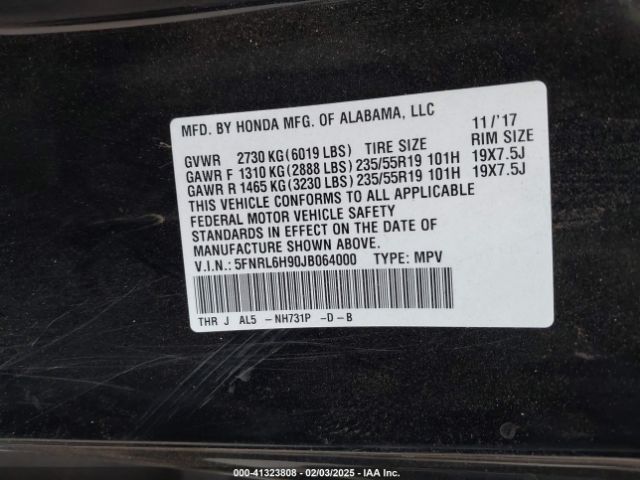 5FNRL6H90JB064000 Honda Odyssey Elite