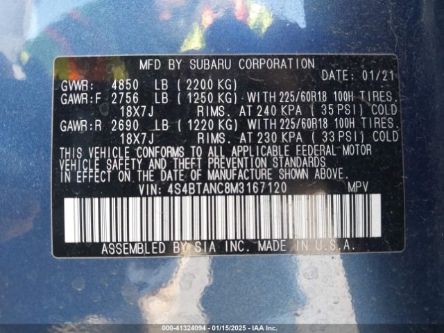 4S4BTANC8M3167120 Subaru Outback Limited