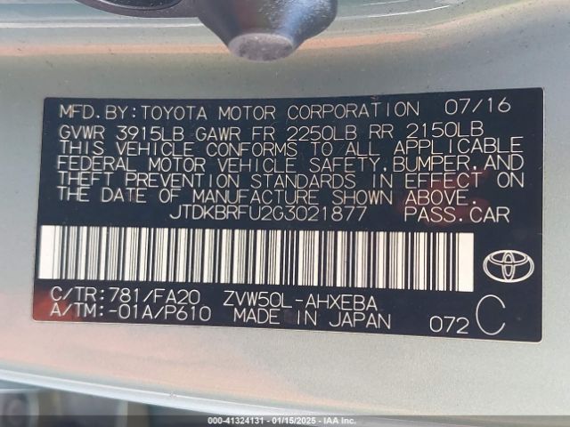 JTDKBRFU2G3021877 Toyota Prius Two