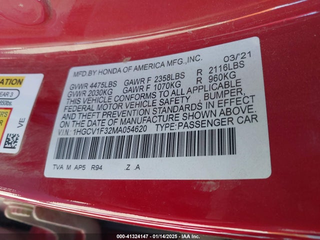 1HGCV1F32MA054620 Honda Accord Sport