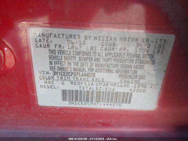 3N1CE2CPXFL444570 Nissan Versa Note Sv