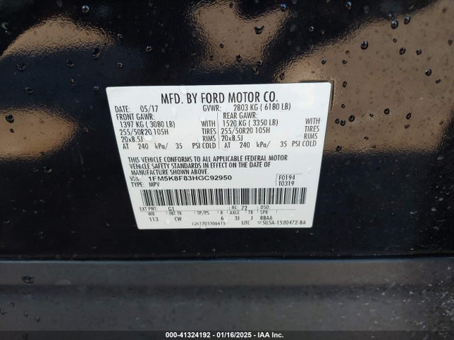 1FM5K8F83HGC92950 Ford Explorer Limited
