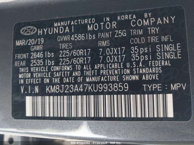 KM8J23A47KU993859 Hyundai TUCSON SE