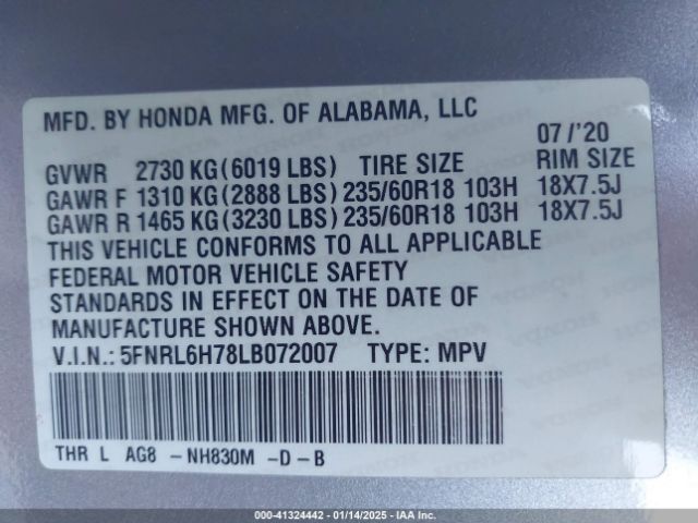 5FNRL6H78LB072007 Honda Odyssey Ex-l/ex-l W/navi   Res