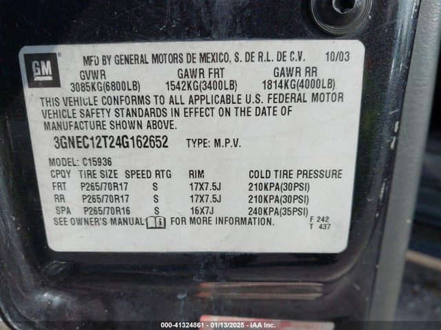 41324861 :رقم المزاد ، 3GNEC12T24G162652 vin ، 2004 Chevrolet Avalanche 1500 مزاد بيع