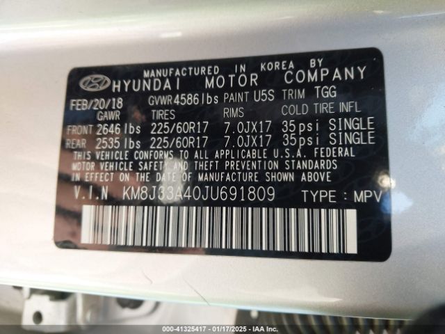 KM8J33A40JU691809 Hyundai TUCSON SEL