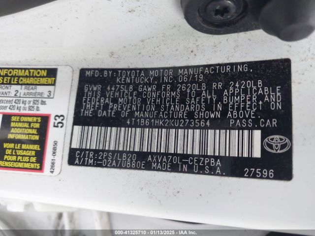 4T1B61HK2KU273564 Toyota CAMRY XSE