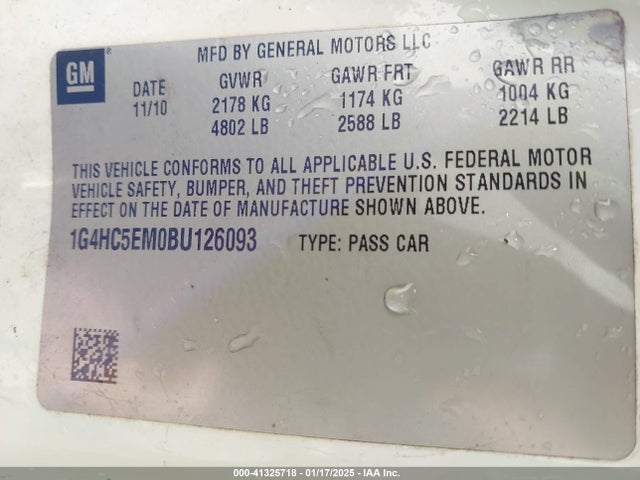 2011 Buick Lucerne Cxl მანქანა იყიდება აუქციონზე, vin: 1G4HC5EM0BU126093, აუქციონის ნომერი: 41325718