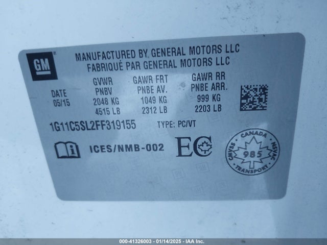 Chevrolet MALIBU 1LT 2015 1G11C5SL2FF319155 Image 9