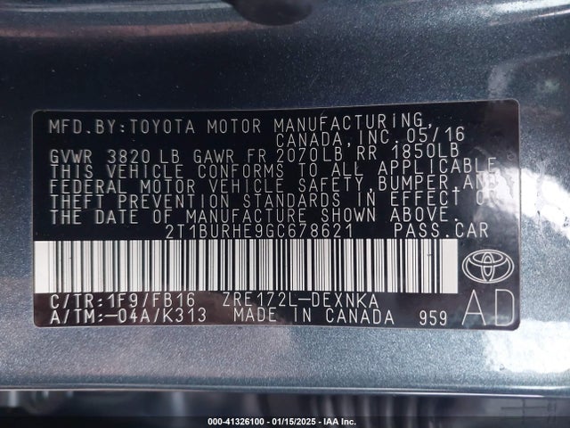Toyota COROLLA LE 2016 2T1BURHE9GC678621 Image 9