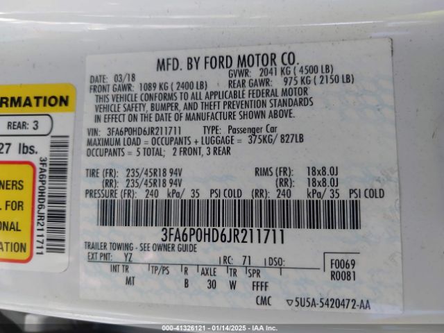 3FA6P0HD6JR211711 Ford FUSION SE