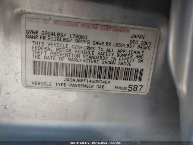 2004 MITSUBISHI LANCER JA3AJ66F14U053464 Photo 8