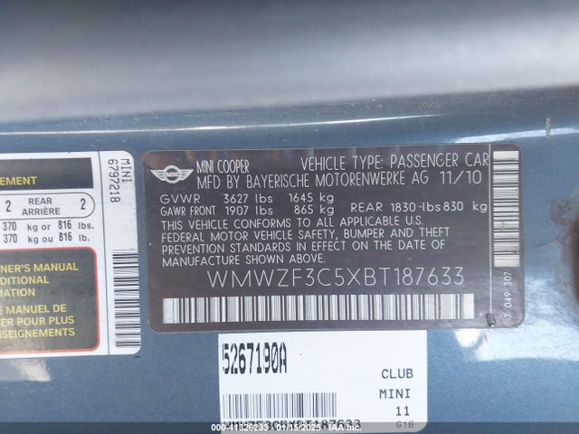 2011 MINI COOPER CLUBMAN WMWZF3C5XBT187633 Photo 8
