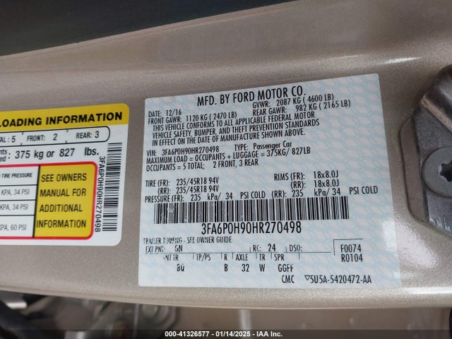 Ford FUSION SE 2017 3FA6P0H90HR270498 Image 9