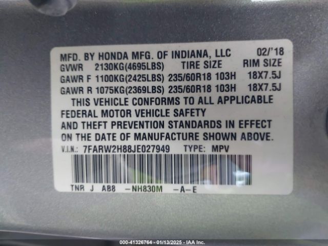 7FARW2H88JE027949 Honda Cr-v Ex-l/ex-l Navi