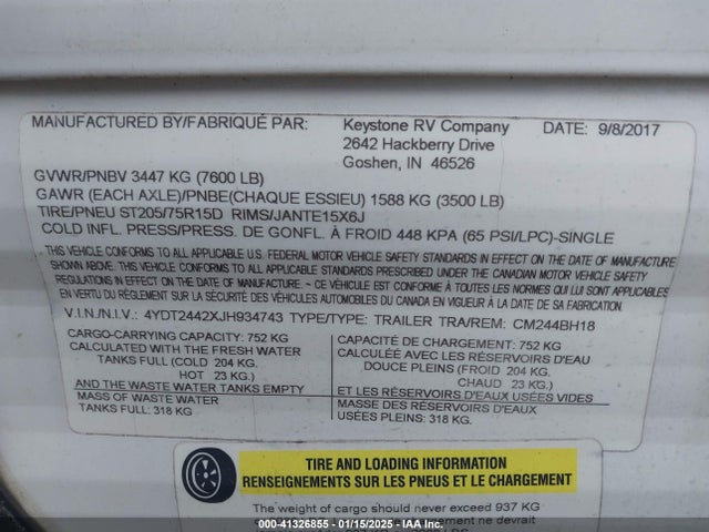 41326855 :رقم المزاد ، 4YDT2442XJH934743 vin ، 2018 Coleman Lantern 244bh مزاد بيع