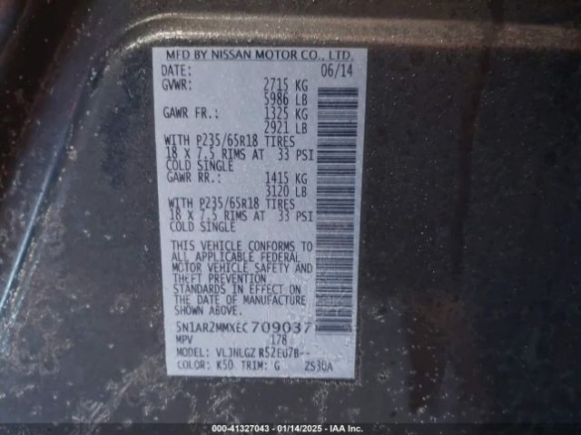 5N1AR2MMXEC709037 Nissan Pathfinder Sl