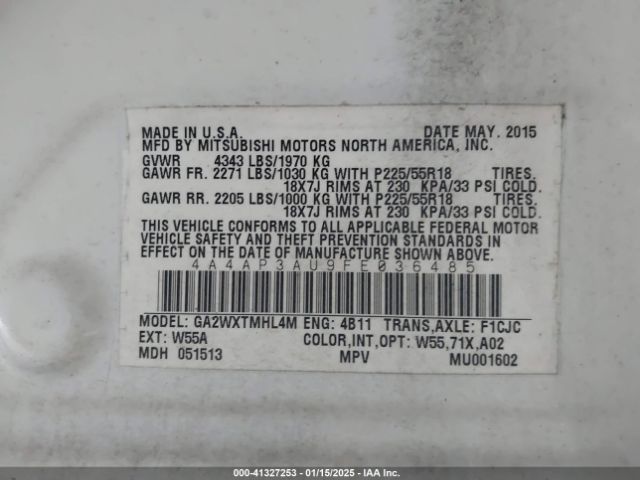 4A4AP3AU9FE036485 Mitsubishi Outlander Sport Es