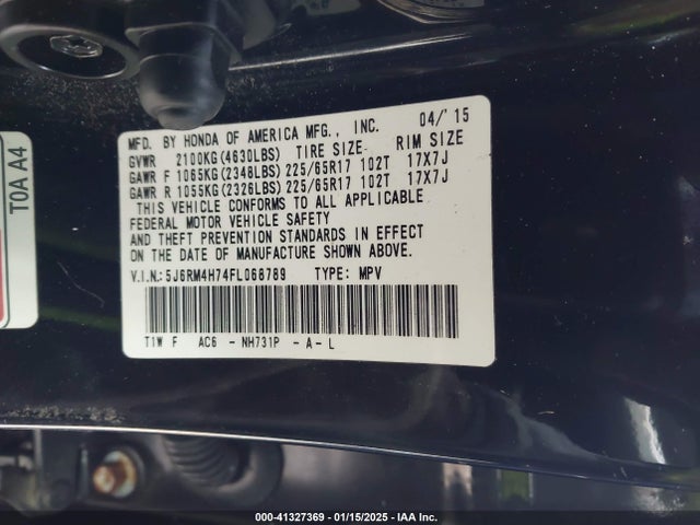 Honda Cr-v Ex-l 2015 5J6RM4H74FL068789 Image 9