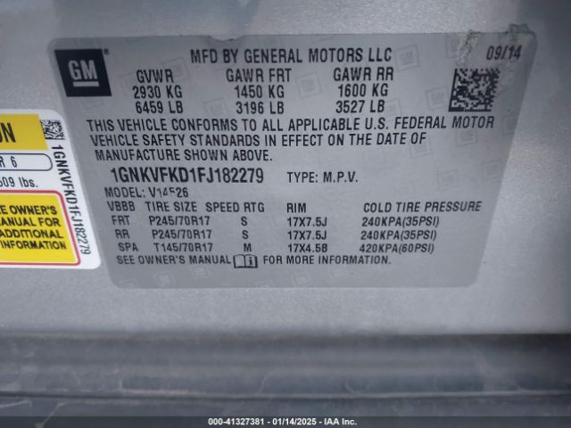 1GNKVFKD1FJ182279 Chevrolet Traverse Ls