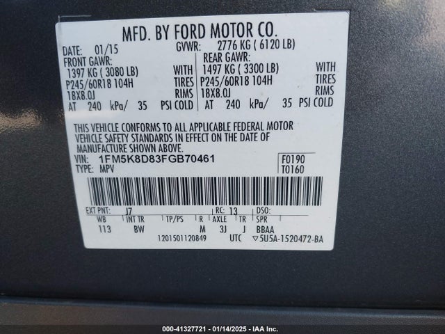 Ford EXPLORER XLT 2015 1FM5K8D83FGB70461 Image 9