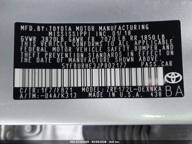 5YFBURHE3JP802177 Toyota COROLLA LE