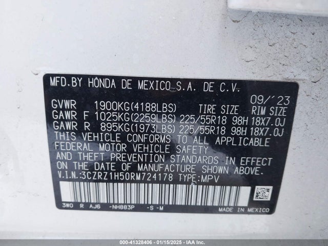 41328406 :رقم المزاد ، 3CZRZ1H50RM724178 vin ، 2024 Honda Hr-v 2wd Sport/2wd Sport W/o Bsi مزاد بيع
