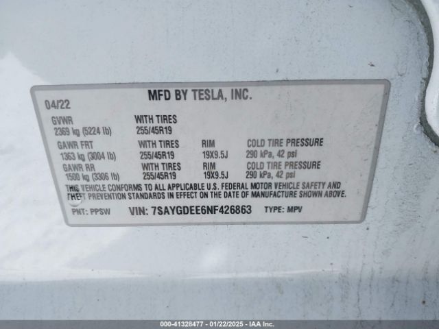 7SAYGDEE6NF426863 Tesla Model Y Long Range Dual Motor All-wheel Drive