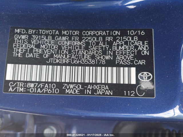JTDKBRFU6H3538178 Toyota Prius Two