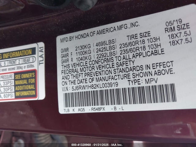 Honda Cr-v Ex-l 2019 5J6RW1H82KL003919 Image 9