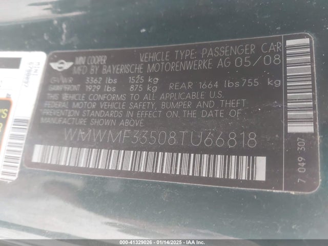 2008 MINI COOPER WMWMF33508TU66818 Photo 8