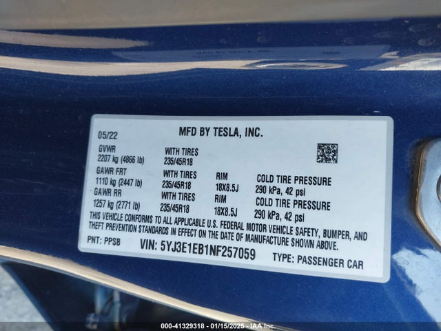 2022 TESLA MODEL 3 5YJ3E1EB1NF257059 Photo 8