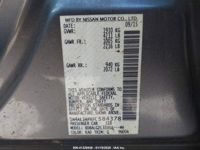 Nissan Altima 2.5 S 2015 1N4AL3APXFC584378 Image 9
