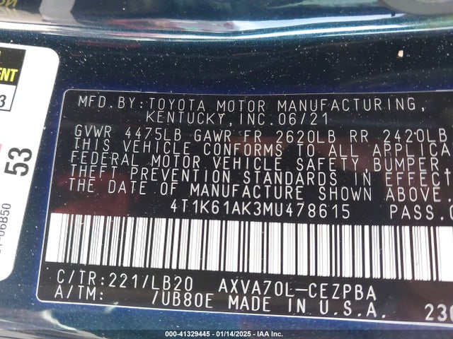 4T1K61AK3MU478615 Toyota CAMRY XSE