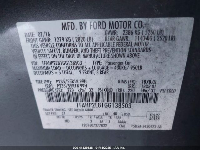 1FAHP2E81GG138503 Ford TAURUS SEL