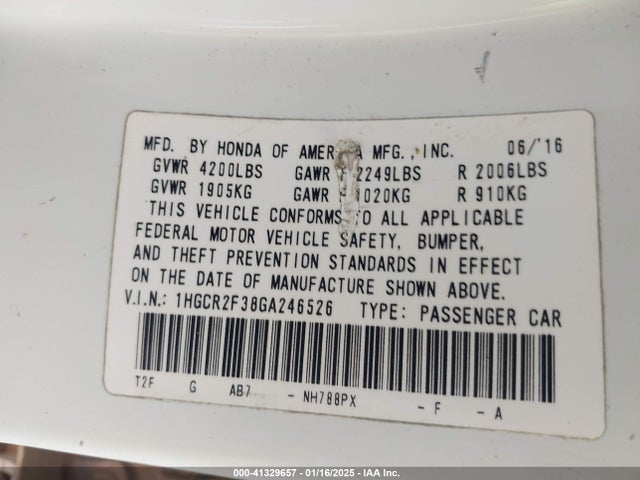 Honda ACCORD LX 2016 1HGCR2F38GA246526 Image 9