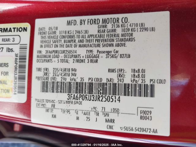 3FA6P0RU3JR250514 Ford Fusion Hybrid Titanium