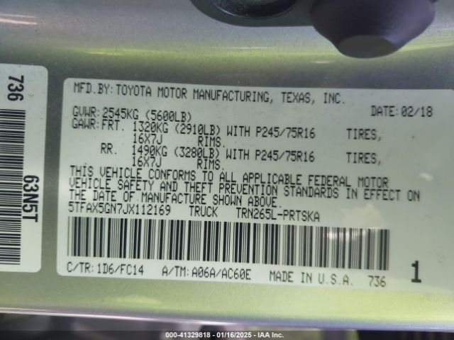 5TFAX5GN7JX112169 Toyota Tacoma Sr5