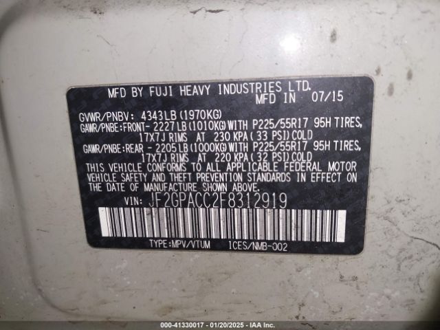 JF2GPACC2F8312919 Subaru Xv Crosstrek 2.0i Premium