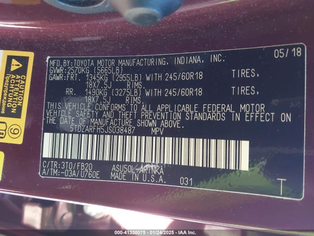 5TDZARFH5JS038487 Toyota Highlander Le