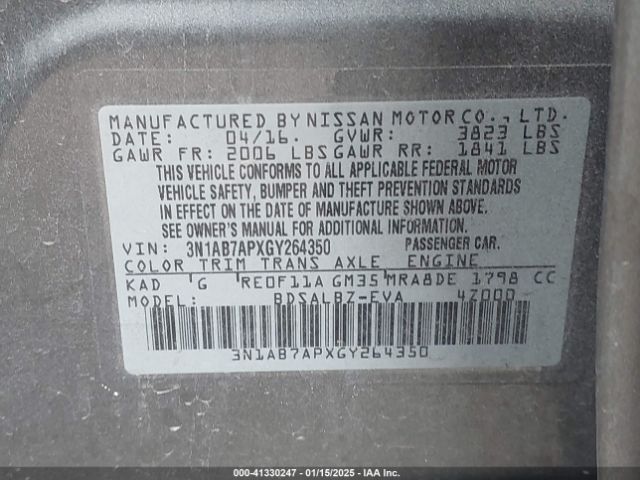 3N1AB7APXGY264350 Nissan Sentra Fe+ S/s/sl/sr/sv