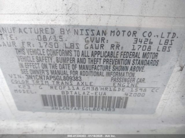 3N1CN7AP5GL809383 Nissan Versa 1.6 S/1.6 S+/1.6 Sl/1.6 Sv