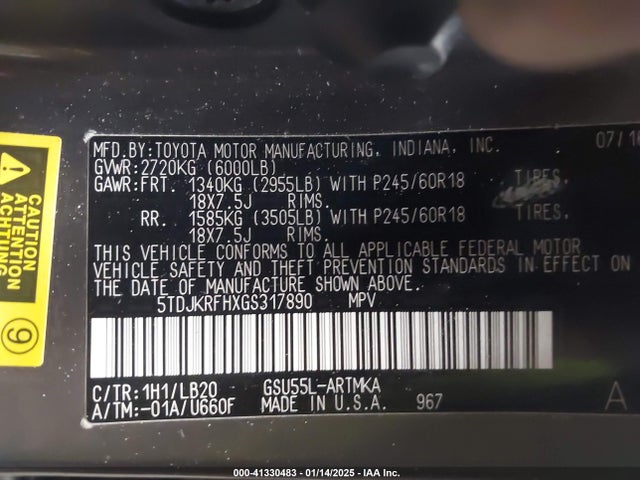 5TDJKRFHXGS317890 Toyota Highlander Xle V6