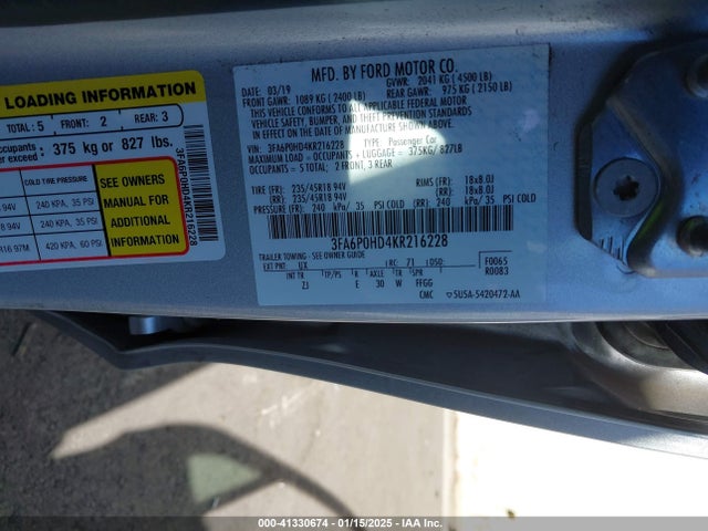 Ford FUSION SE 2019 3FA6P0HD4KR216228 Image 9