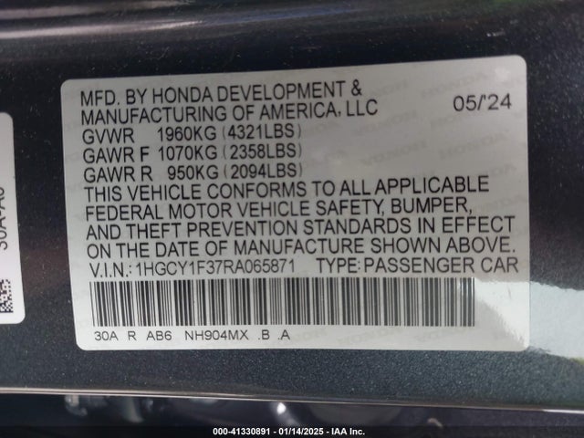1HGCY1F37RA065871 Honda ACCORD EX