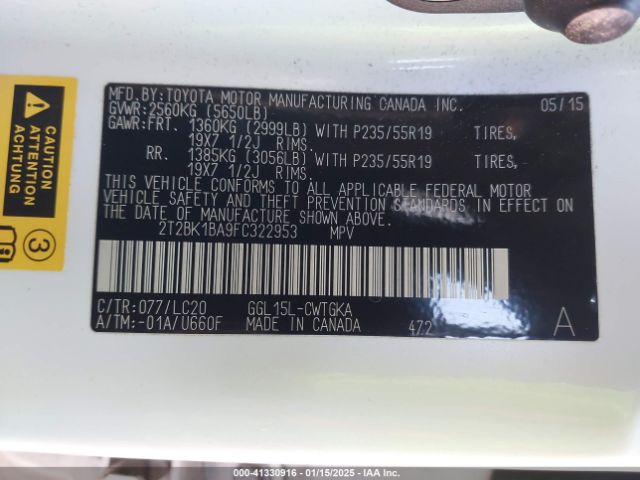 2T2BK1BA9FC322953 Lexus RX 350