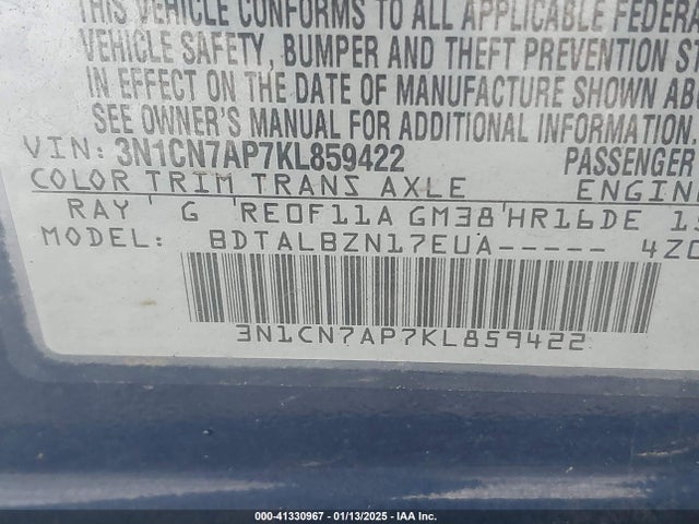Nissan Versa 1.6 Sv 2019 3N1CN7AP7KL859422 Image 9
