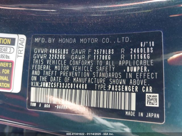 JHMZC5F33JC014468 Honda Clarity Plug-in Hybrid Touring