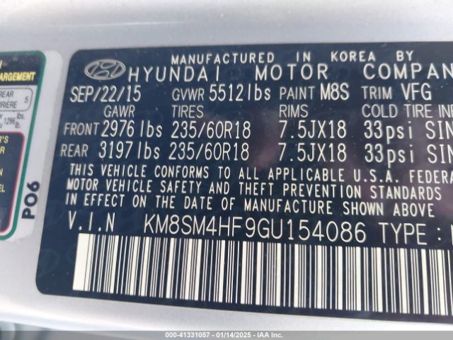 KM8SM4HF9GU154086 Hyundai Santa Fe Se